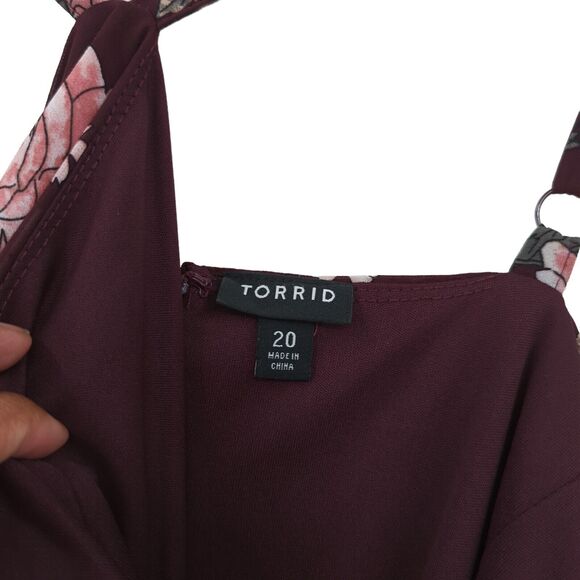 Torrid Women Plus 20 Dress Wine Red Floral Chiffon Halter Cold Shoulder Ruffle - Picture 6 of 11